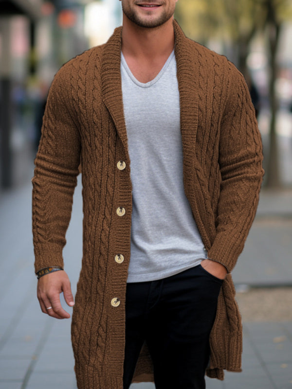 Men's Mid-Length Knitted Sweater Thick-Knit Twisted Cardigan Woolen Jacket