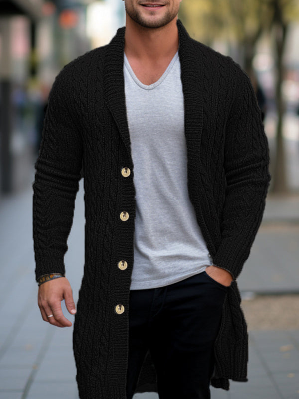 Men's Mid-Length Knitted Sweater Thick-Knit Twisted Cardigan Woolen Jacket