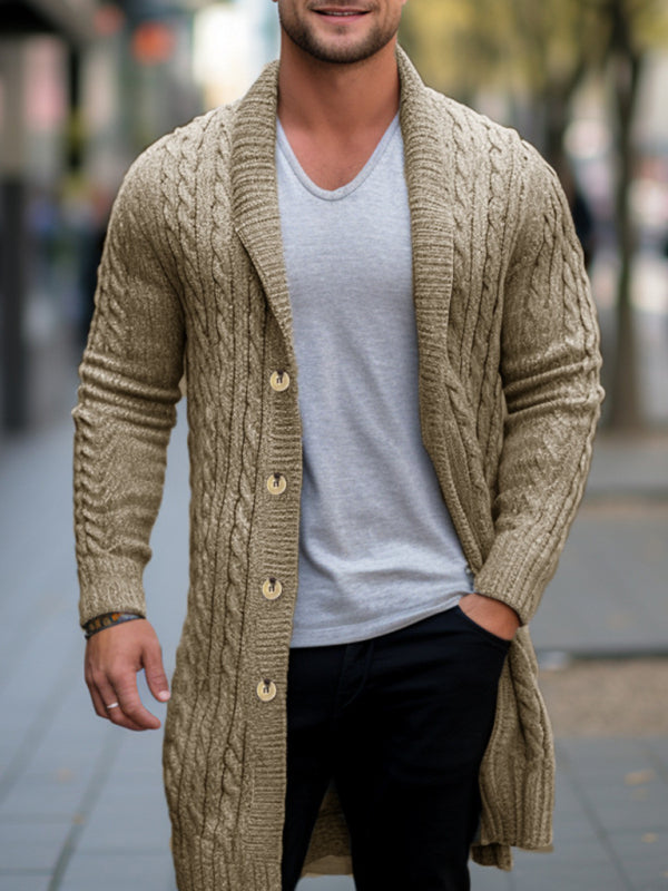 Men's Mid-Length Knitted Sweater Thick-Knit Twisted Cardigan Woolen Jacket